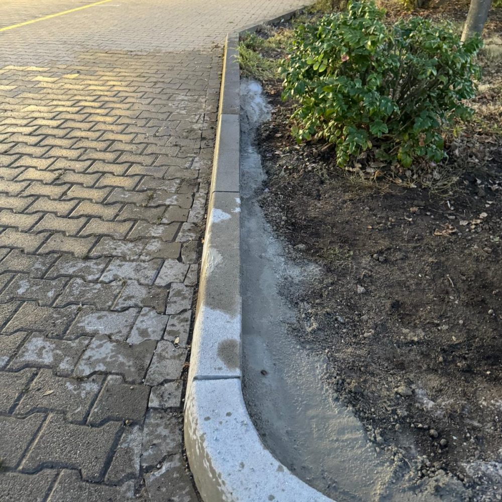 Randsteineinfassung im Gartenbau – frisch gesetzte Tiefbordsteine in Mannheim