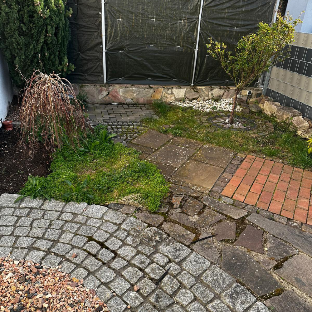 Veralteter Gartenbereich mit unebenem Pflaster, Wildwuchs und Sanierungsbedarf in Mannheim